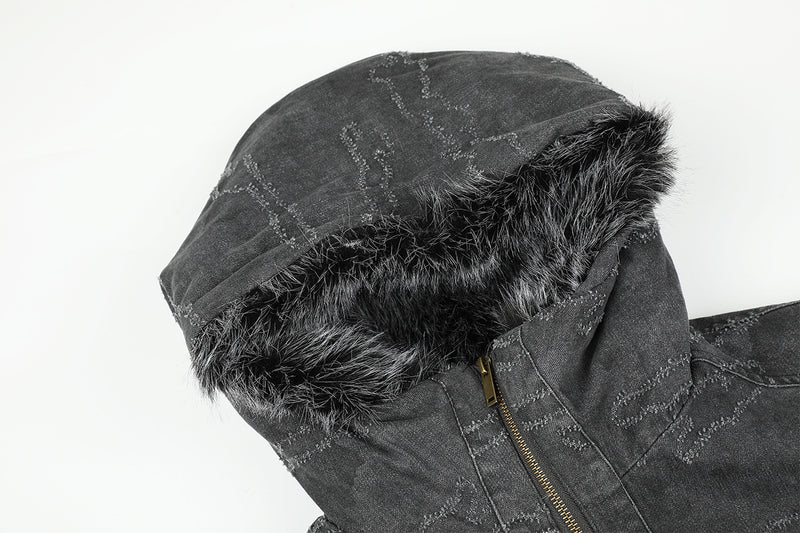 Camo Jacquard Padded Bomber Jacket with Faux Fur Hood