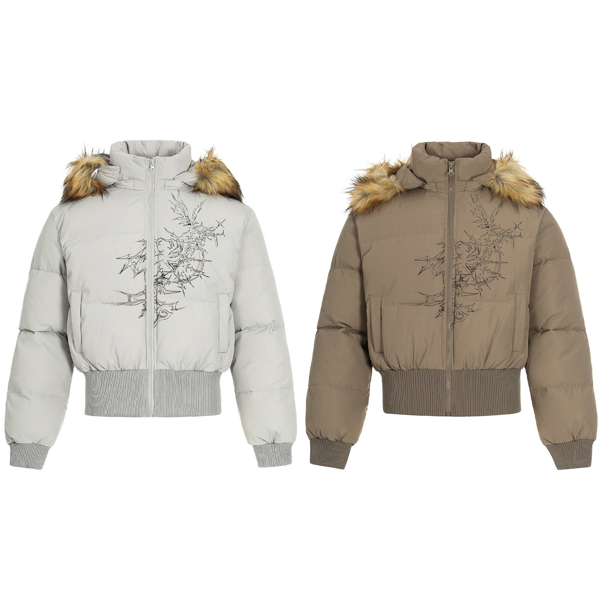 Fur-Trim Hooded Puffer Jacket with Thorn Embroidery – Cropped Bomber Silhouette