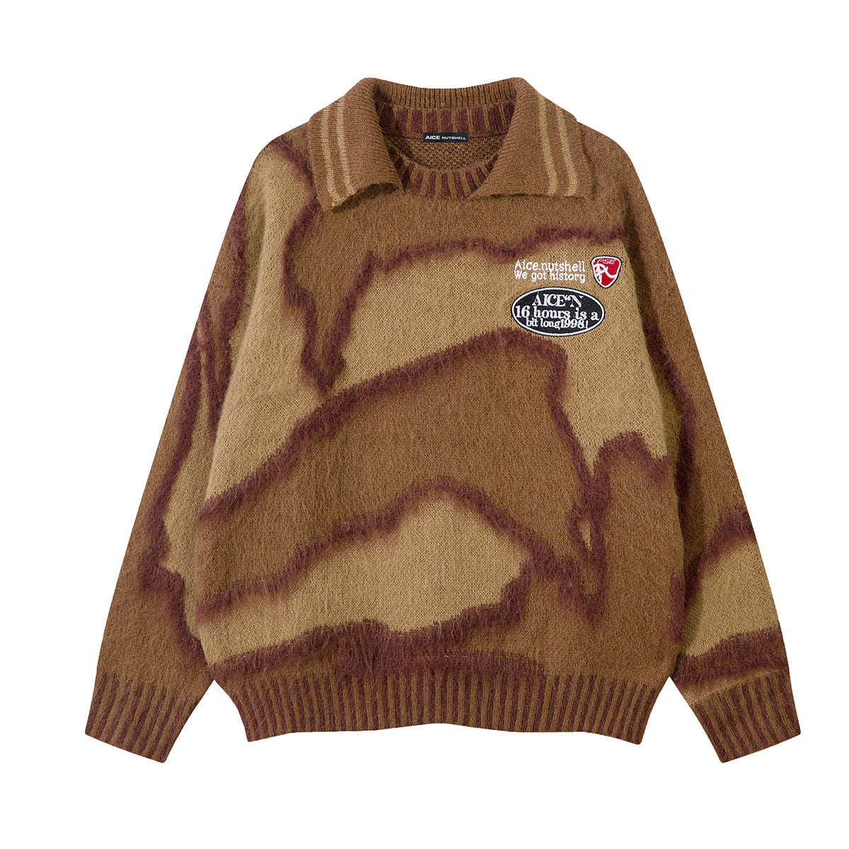 Abstract Camo Jacquard Polo Collar Knit Sweater – Oversized Streetwear Pullover