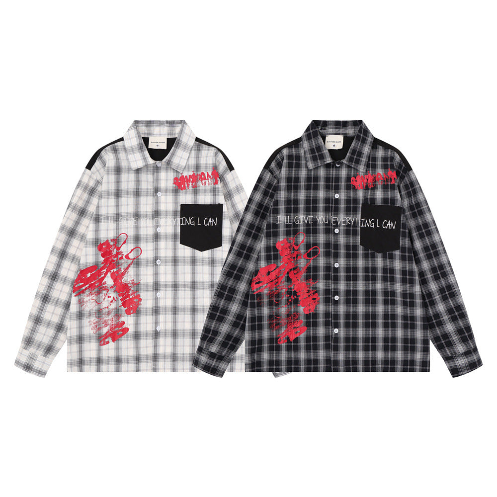 Camisa informal de botones para hombre – Estampado de graffiti a cuadros, estilo punk urbano de manga larga