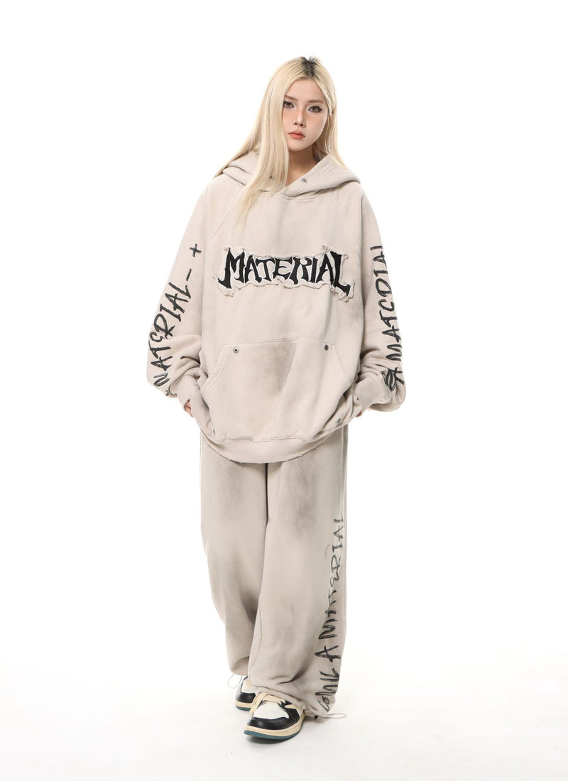 Material Graphic Oversized Hoodie – Washed Heavy Fleece with Embroidered Patch &