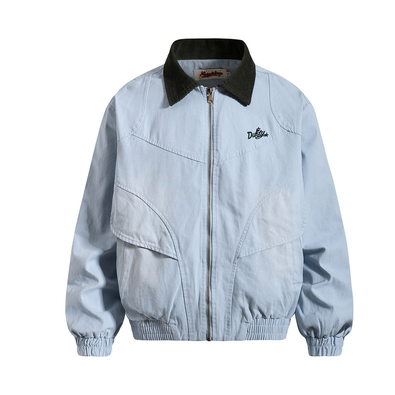 Retro American Washed Zip-Up Jacket with Corduroy Collar
