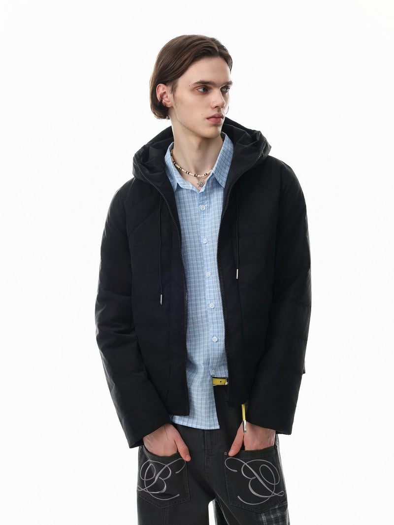 Hooded Quilted Puffer Jacket – Ribbed Panel Down Coat in Olive & Black