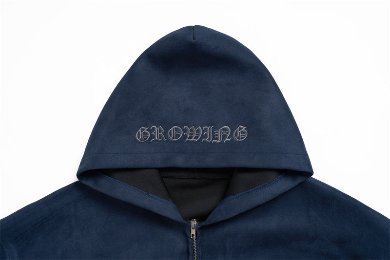 Zip-Up Hoodie with Star Sleeve Detail and Gothic Logo — Oversized Suede-Finish
