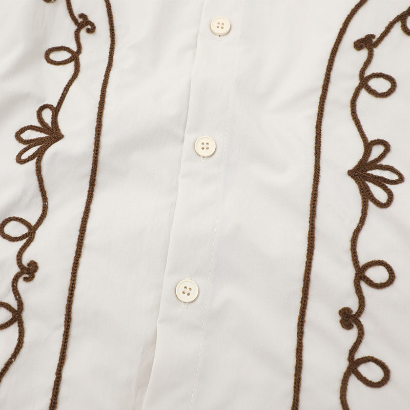 Embroidered Patchwork Plaid Long Sleeve Shirt – Oversized Floral Vine Design