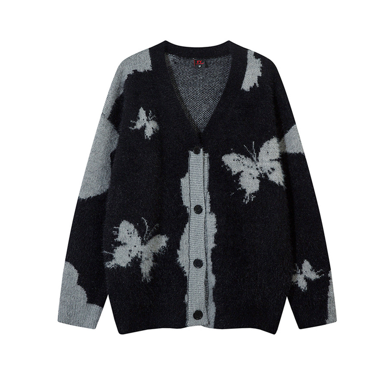 Gilet cardigan en maille jacquard papillon – Col V oversize, maille couple