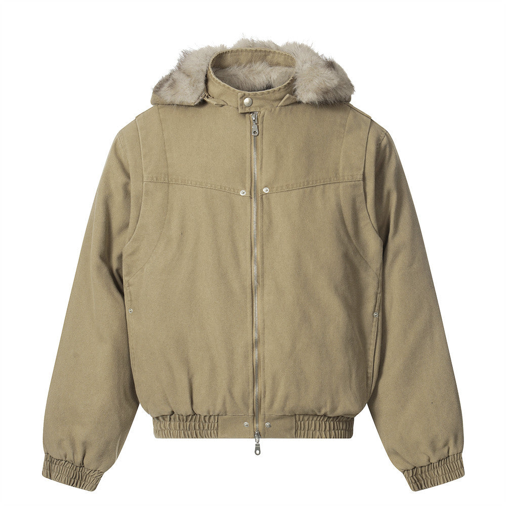 Faux Mink Fur-Trimmed Hooded Padded Jacket – Washed Canvas Bomber