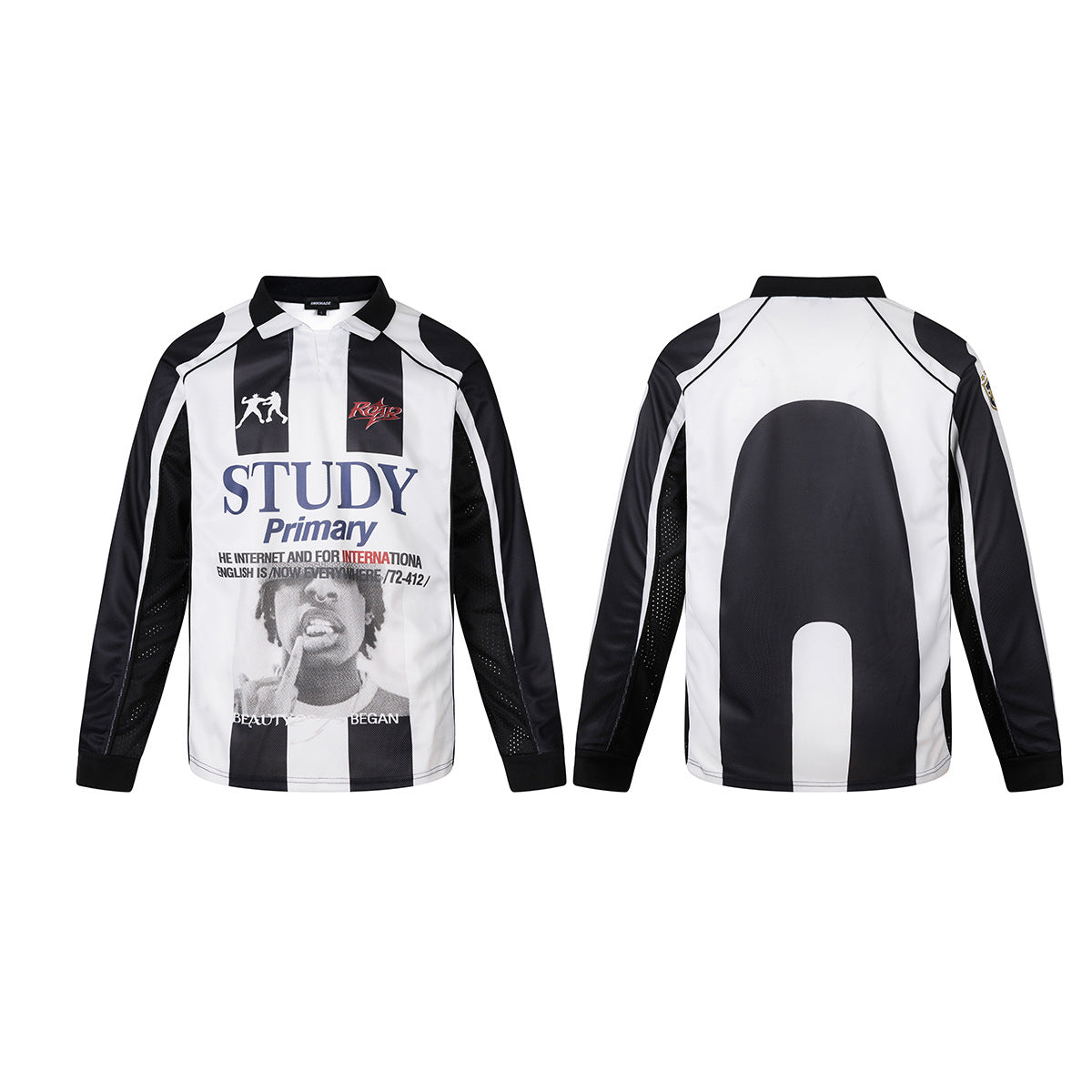 Maillot de football à manches longues noir et blanc à rayures, polo graphique