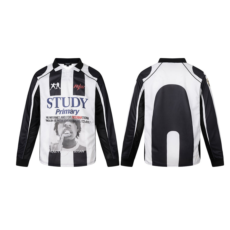 Maillot de football à manches longues noir et blanc à rayures, polo graphique