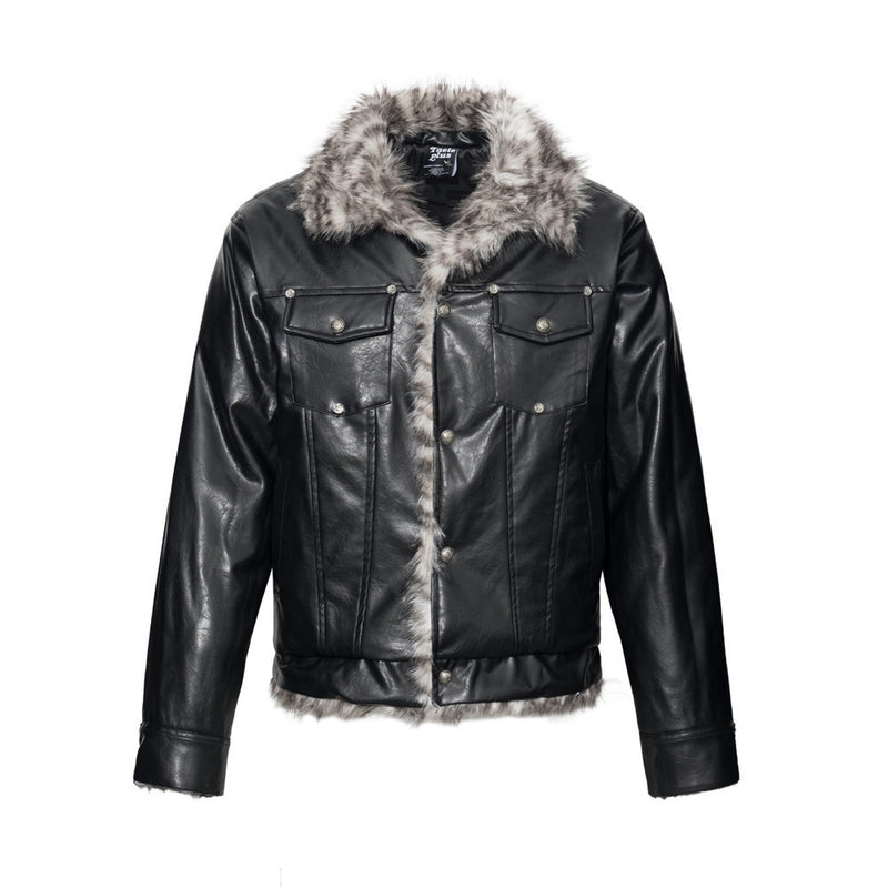 Chaqueta de piel sintética PU negra para hombre con cuello y borde de pelo sintético