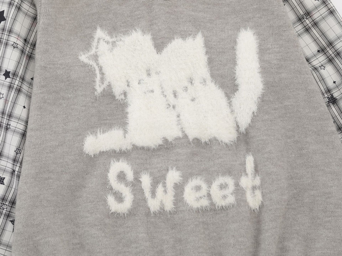 Sweet Cat Fuzzy Knit Sweater with Plaid Shirt Layered Pullover