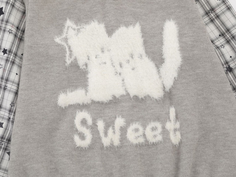 Sweet Cat Fuzzy Knit Sweater with Plaid Shirt Layered Pullover
