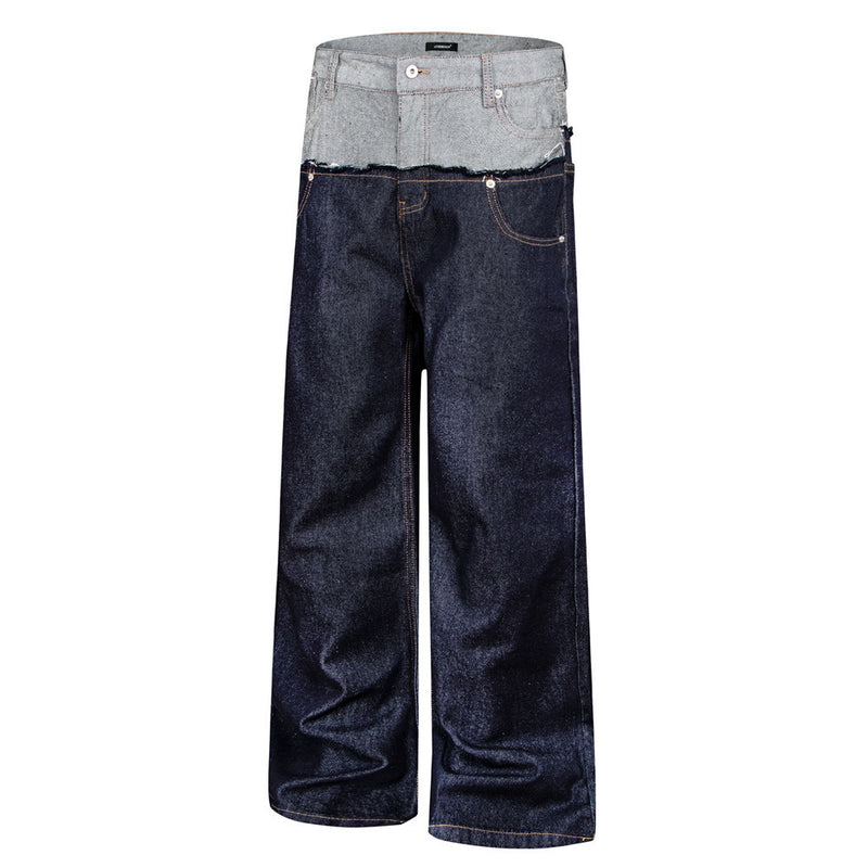 Jean homme coupe ample – Denim brut à double ceinture avec empiècements effilochés &