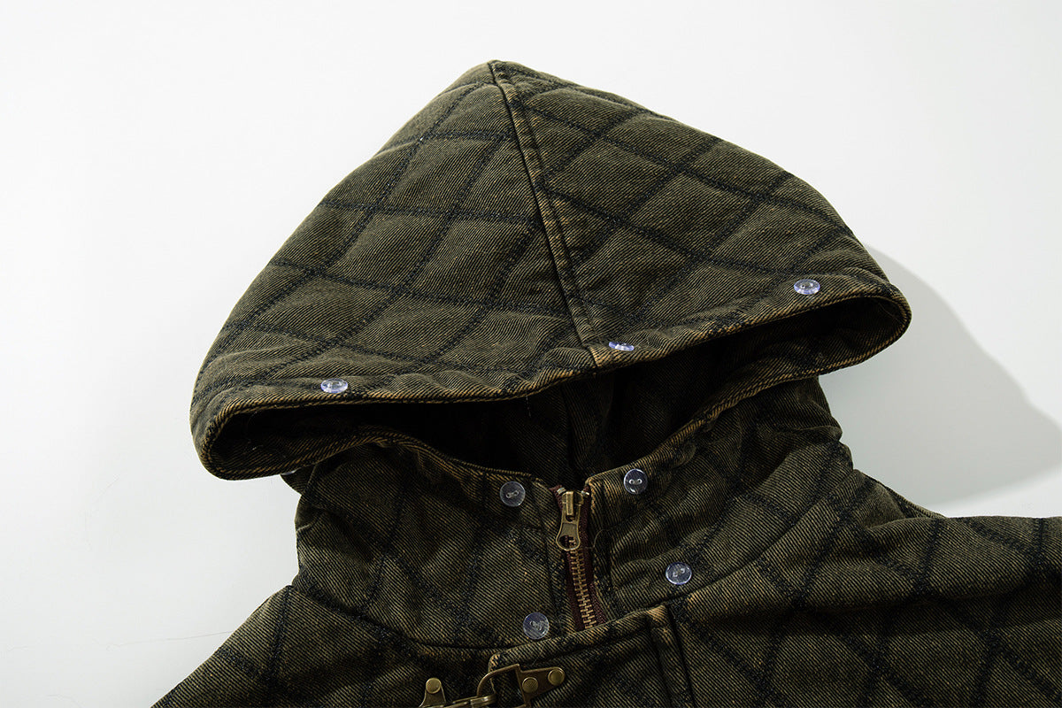 Olive green quilted jacket hood shown raised, with snap fasteners and a front zipper visible