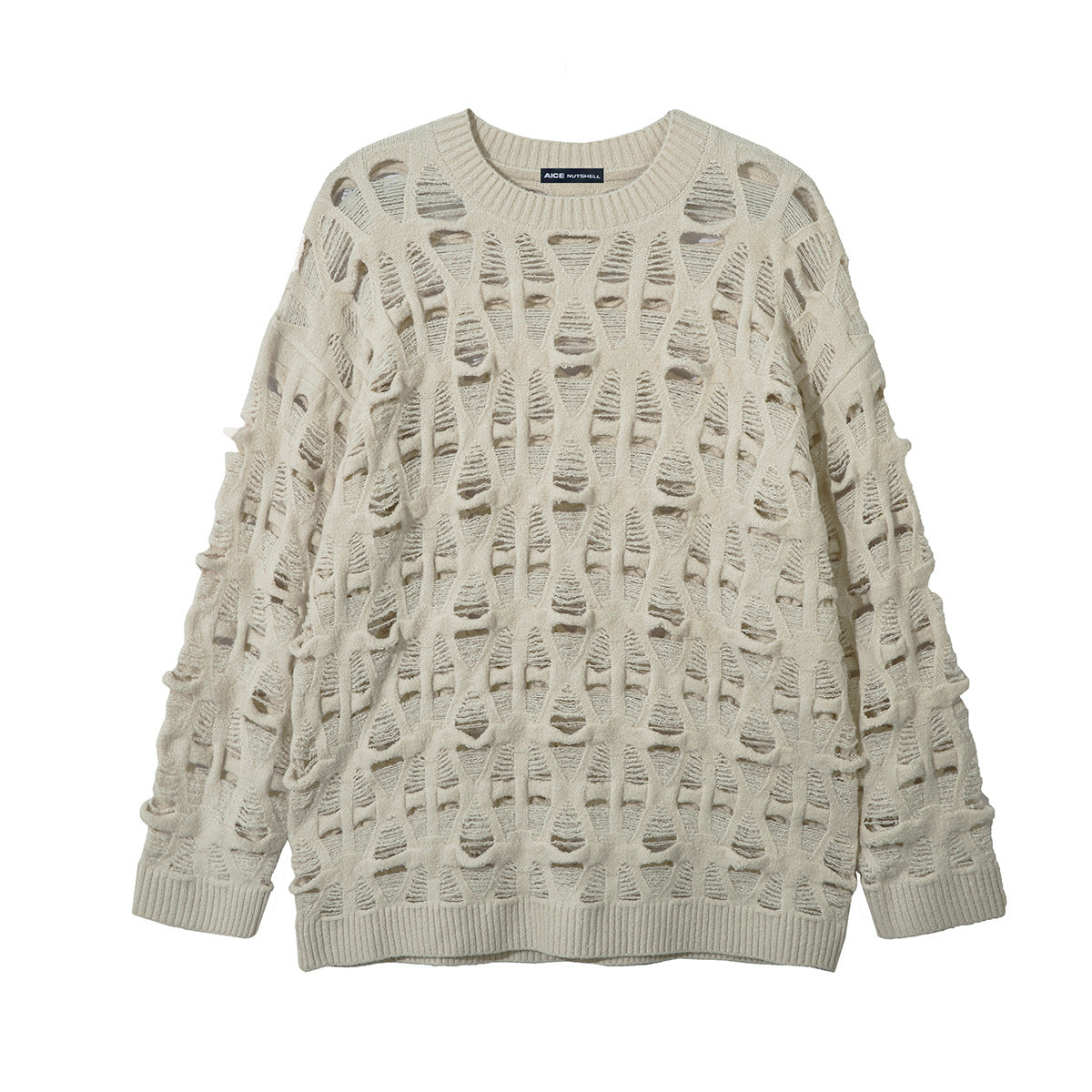 Distressed Open-Weave Crew Neck Knit Sweater – Oversized Ladder-Hole Design
