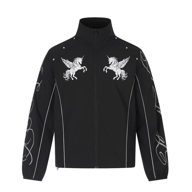 Veste de survêtement noire zippée, avec motif poitrine licorne ailée et imprimé usé du nombre 66 au dos, vues de face et de dos