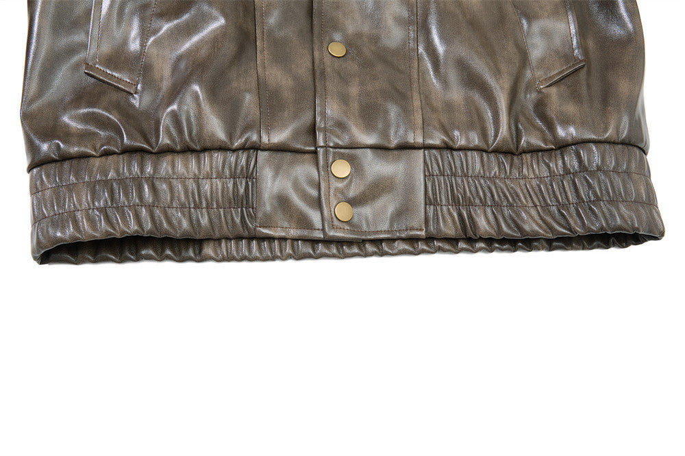 Men's Distressed Glossy PU Leather Bomber Jacket with Stand Collar & Diagonal
