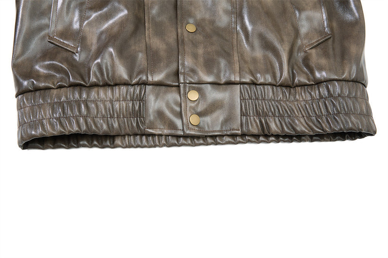 Men's Distressed Glossy PU Leather Bomber Jacket with Stand Collar & Diagonal