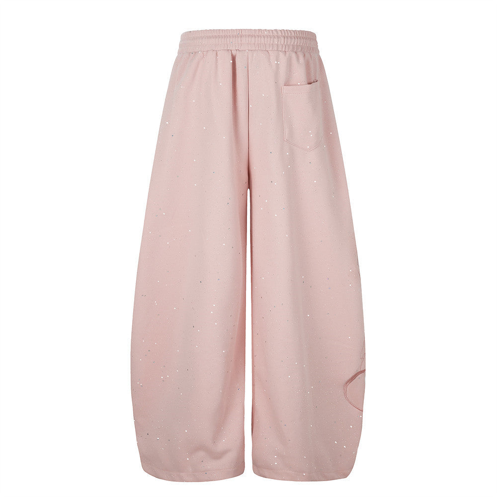 Wide-Leg Sweatpants with Glitter Fabric & Script Graphic Print