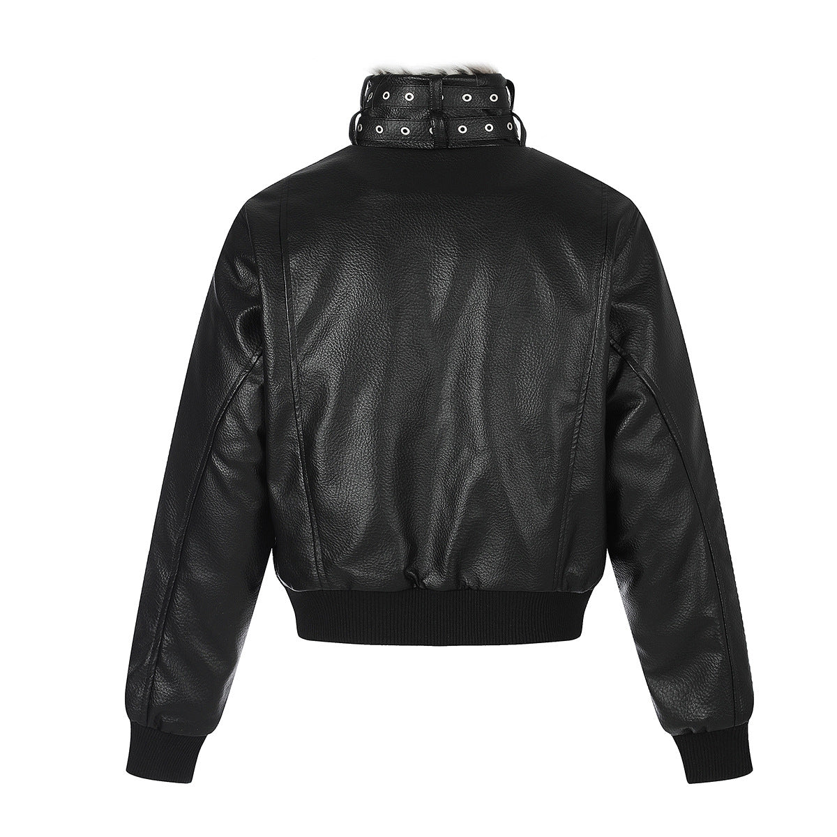 Faux Leather Bomber Jacket with Fur Collar and Buckle Detail