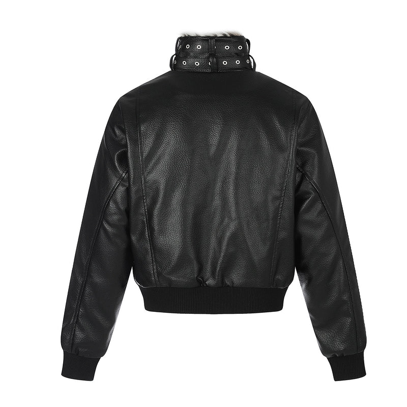 Faux Leather Bomber Jacket with Fur Collar and Buckle Detail