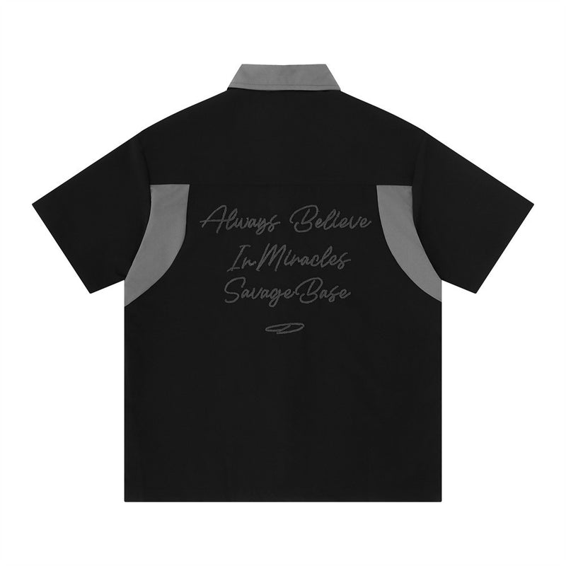 Colorblock Embroidered Short Sleeve Shirt – Men's Street Style Button-Up