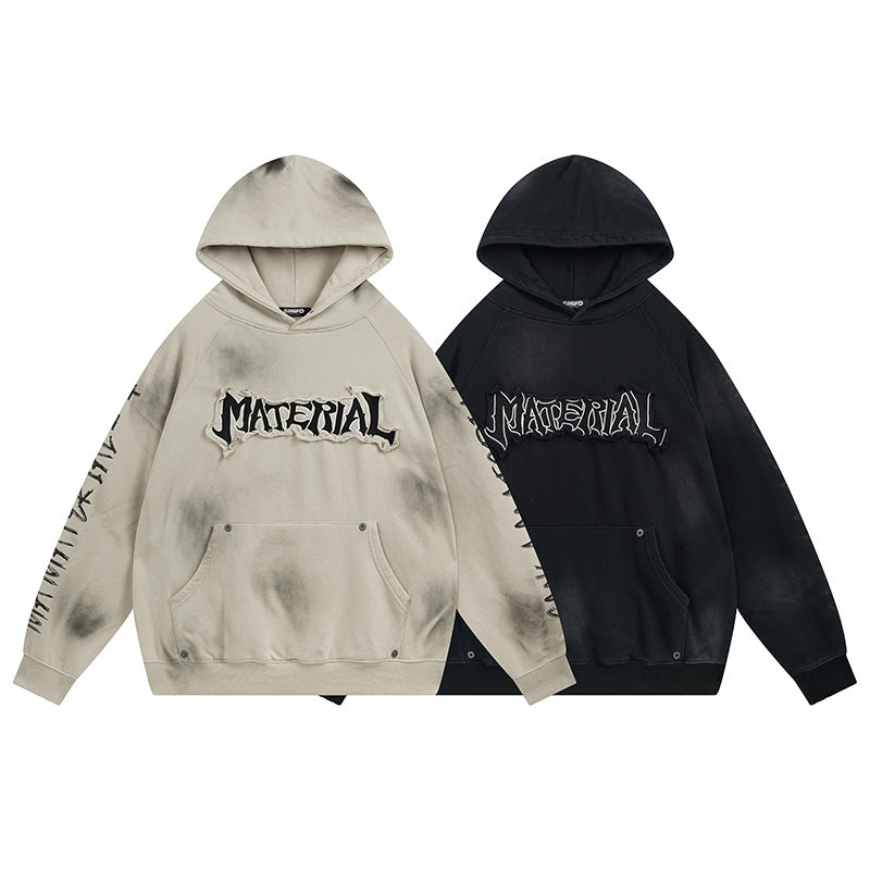 Material Graphic Oversized Hoodie – Washed Heavy Fleece with Embroidered Patch &