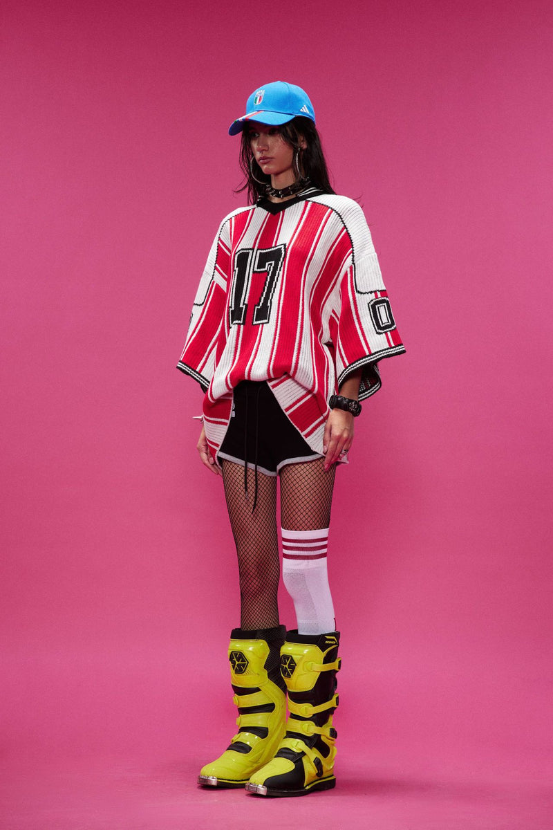 Red and White Striped V-Neck Sweater – Number 17 Oversized Knit Sports Jersey