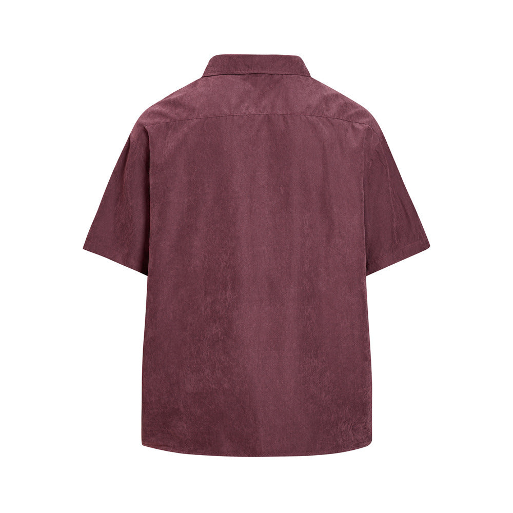 Men's Oversized Short Sleeve Button-Up Shirt – Casual Solid Suede-Texture