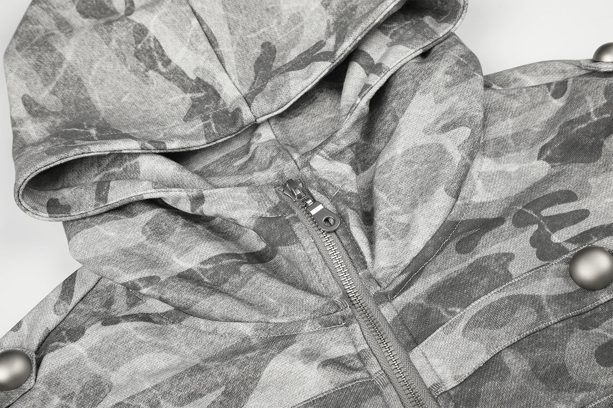 Sudadera con capucha y cremallera de camuflaje, oversize de estilo militar con botones plateados