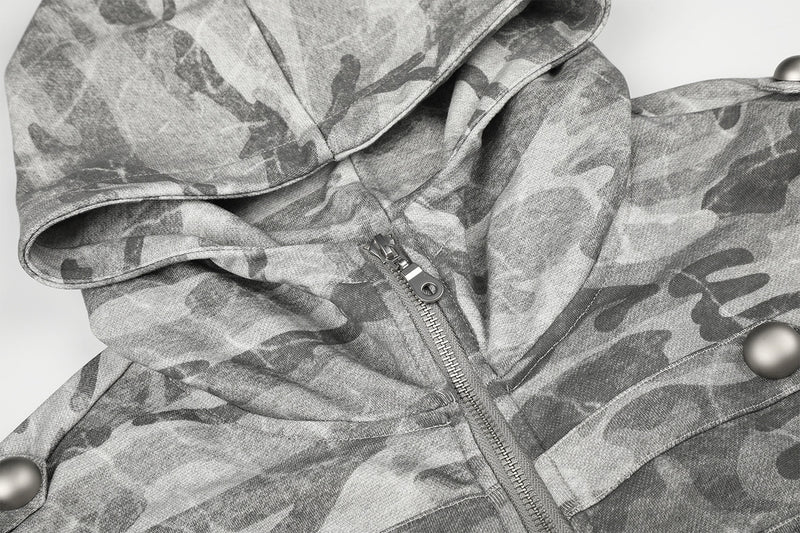 Sudadera con capucha y cremallera de camuflaje, oversize de estilo militar con botones plateados