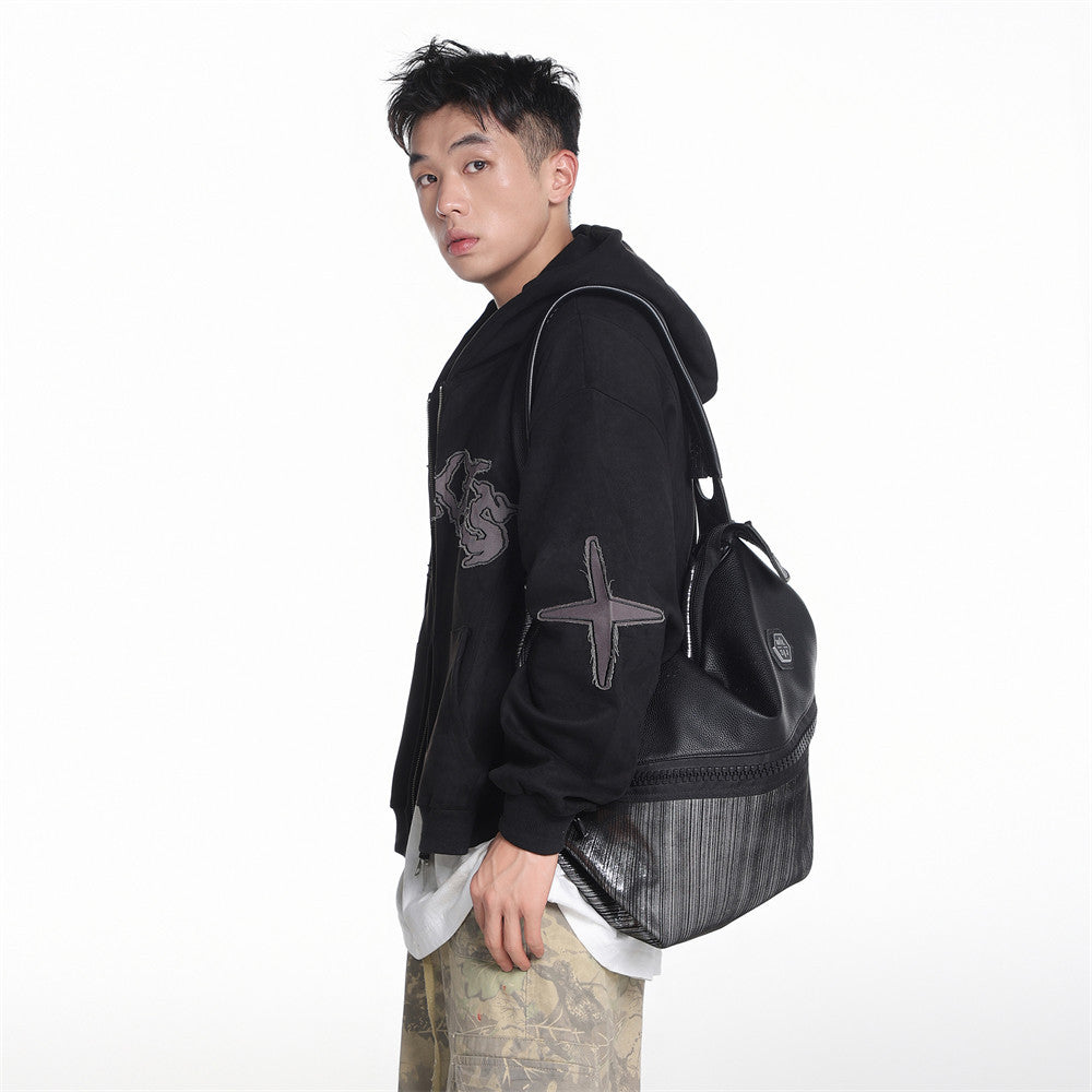 Baggy Zip Up Hoodie with Letter Appliqué — Oversized Streetwear Zip Hoodie