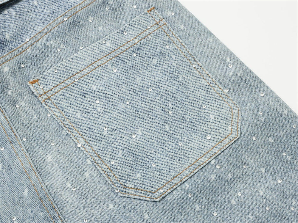 Y2K Baggy Jeans Mens Wide-Leg Rhinestone Embellished Denim Pants