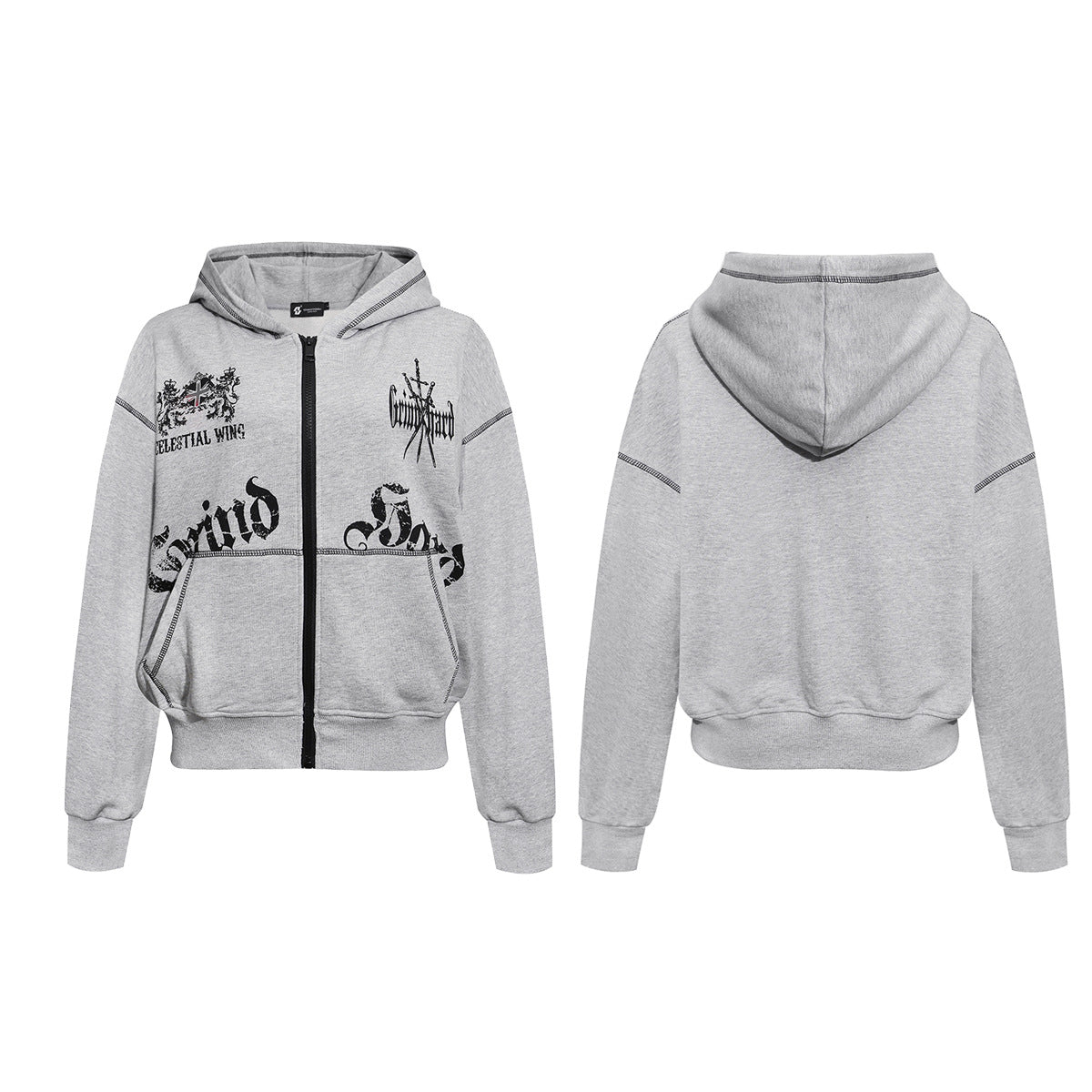 Hoodie zippé avec imprimé gothique Grind Hard et surpiqûres contrastantes