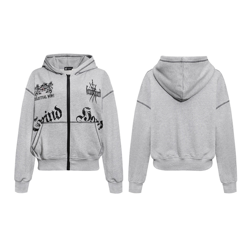 Hoodie zippé avec imprimé gothique Grind Hard et surpiqûres contrastantes