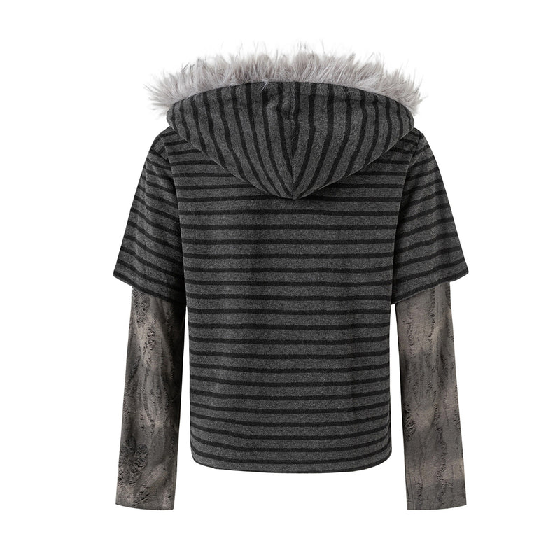 Gilet rayé à capuche bordée de fausse fourrure avec manches graphiques effet superposé