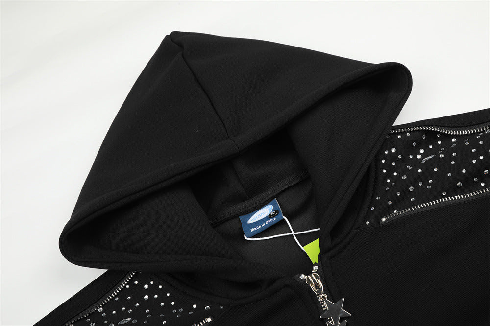 Sweat à capuche zippé avec détail de fermeture étoilée en strass — Noir oversize