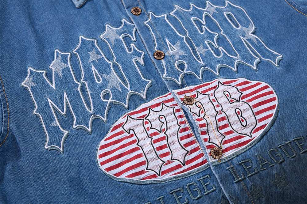 Denim Short-Sleeve Shirt – Punk Varsity Graphic Embroidery, Gradient Wash