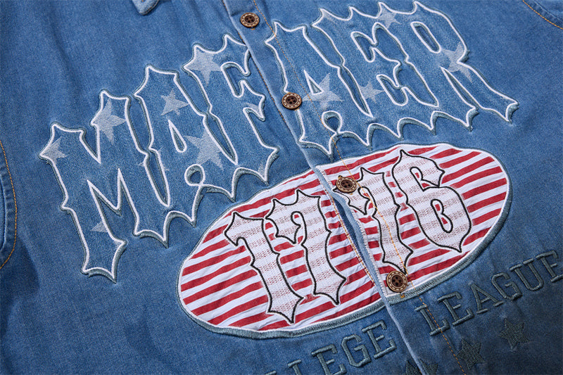 Denim Short-Sleeve Shirt – Punk Varsity Graphic Embroidery, Gradient Wash