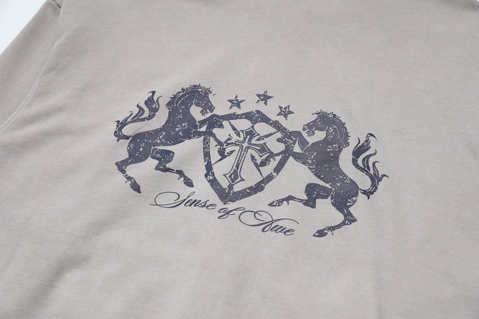 Zip-Up Cropped Hoodie Acid Wash Heraldic Crest Streetwear