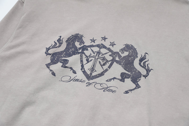 Zip-Up Cropped Hoodie Acid Wash Heraldic Crest Streetwear