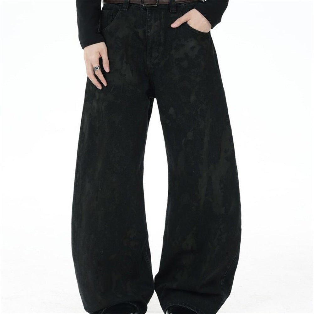 Men Black Baggy Jeans – Tie-Dye Washed Wide-Leg Denim Pants