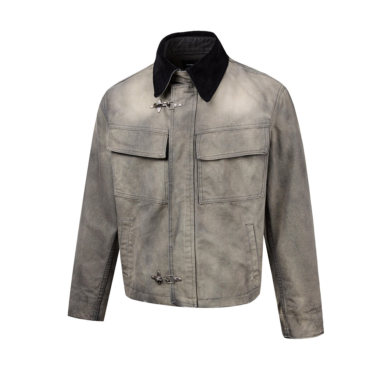 Boxy Washed Denim Workwear Jacket with Corduroy Collar & Clasp Closure