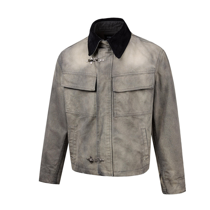 Boxy Washed Denim Workwear Jacket with Corduroy Collar & Clasp Closure