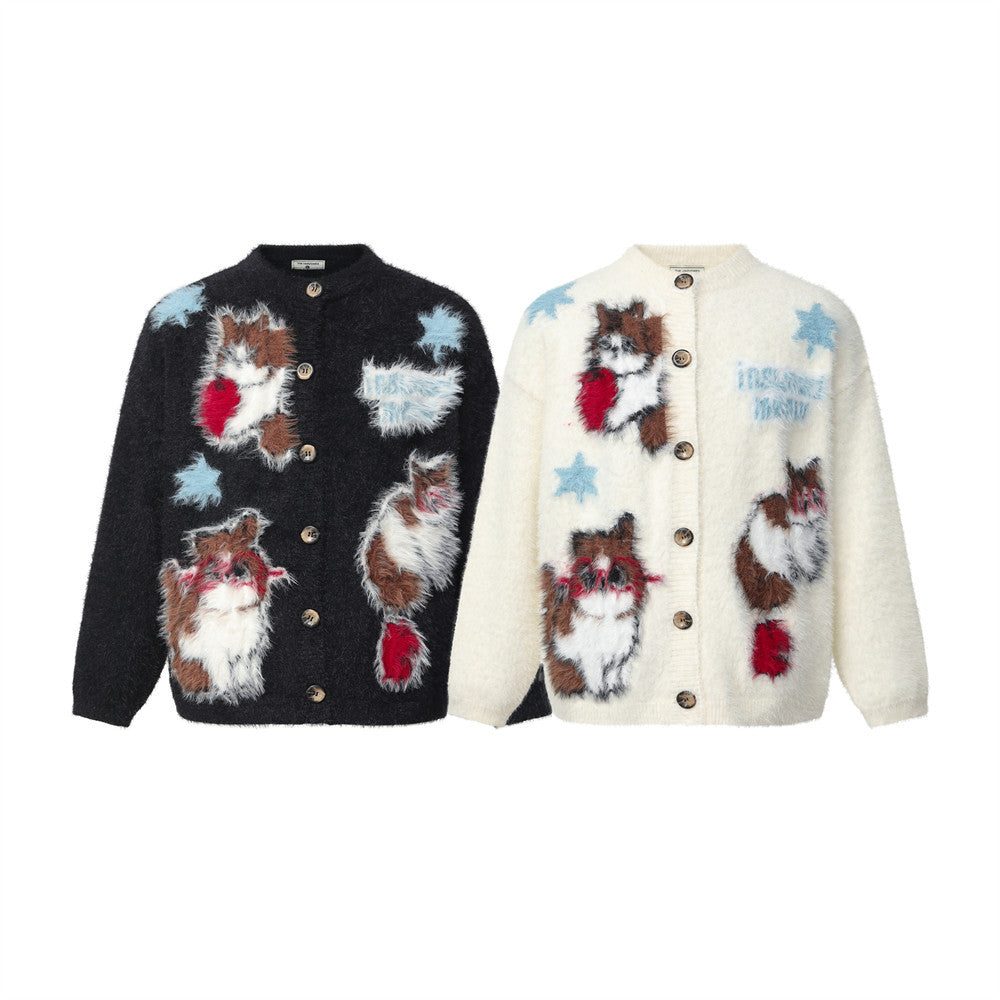Cat Cartoon Fuzzy Knit Cardigan Sweater – Crew Neck Button-Front