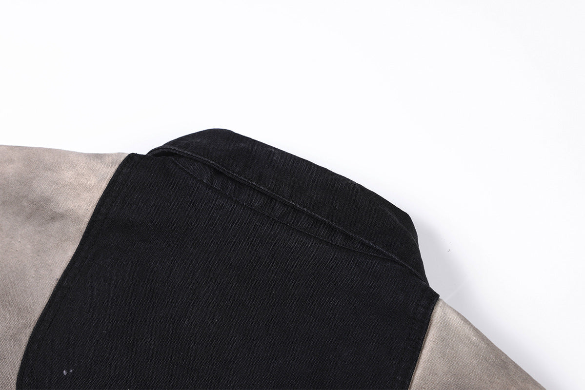 Abstrakte Patchwork-Reißverschlussjacke – Zweifarbig in Schwarz und gewaschenem Grau, verkürzte Harrington-Jacke