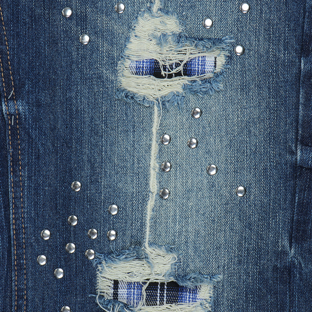 Herren-Bootcut-Jeans im Distressed-Look mit Nieten – Dunkelblauer Flare-Denim mit Karomuster