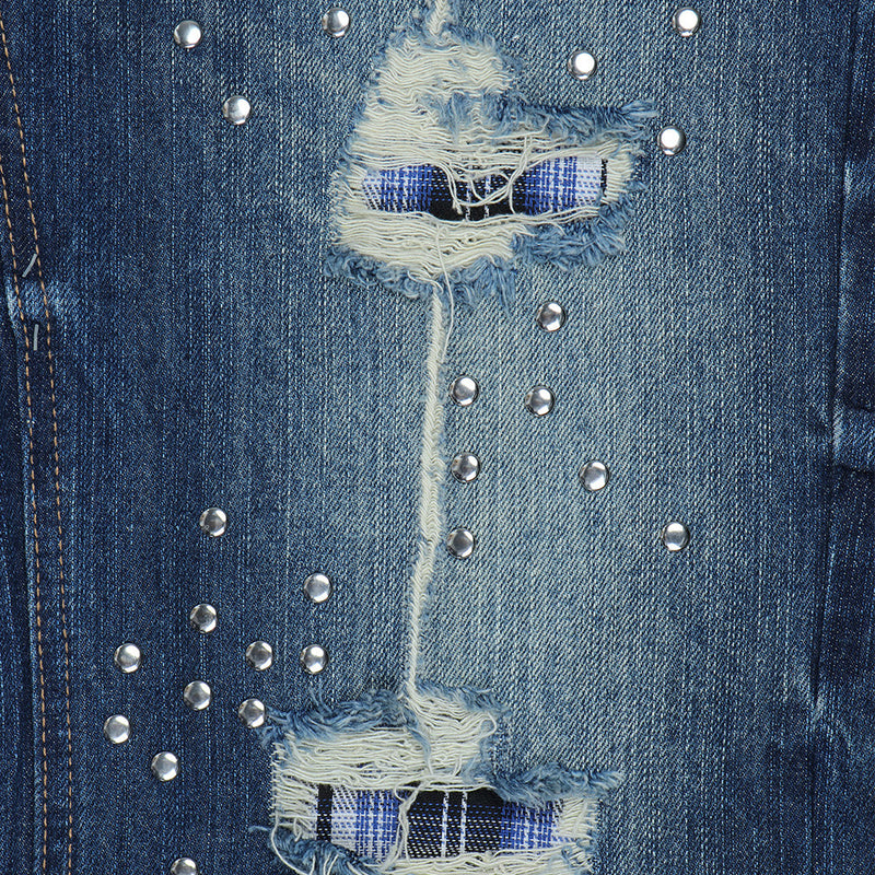 Herren-Bootcut-Jeans im Distressed-Look mit Nieten – Dunkelblauer Flare-Denim mit Karomuster
