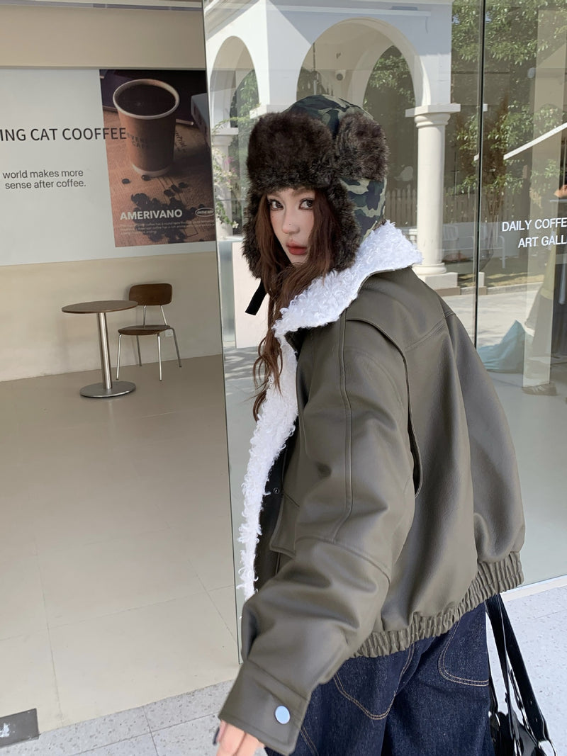 Veste en simili cuir et fourrure, bomber oversize à col sherpa