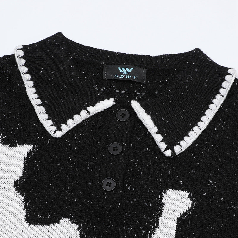 Cat Jacquard Polo Collar Openwork Knit Sweater – Unisex Korean Style